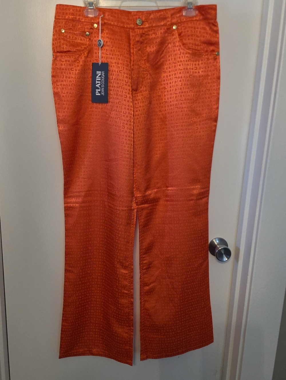 PLATIN Orange Satin Wide-Leg Jeans with Subtle Tone Pattern